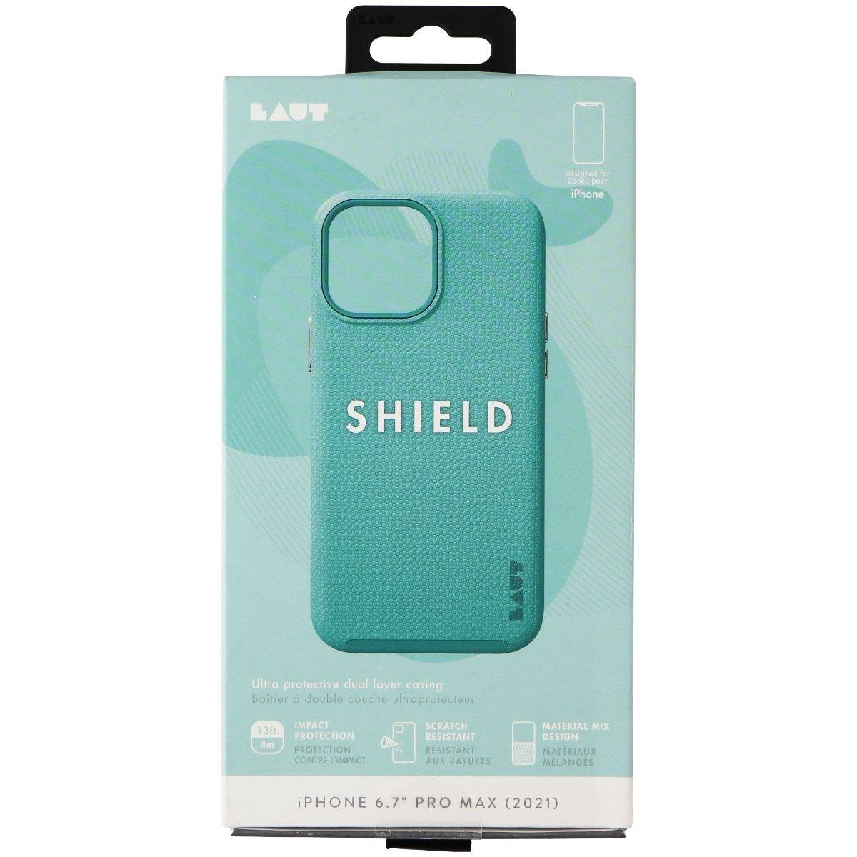 SA LAUT Designed for Concu pour iPhone SHIELD &A Ultra protective dual layer casing Boitier à double couche ultraprotecteur IMPACT 13f. PROTECTION 4m PROTECTION CONTRE CIMPACT SCRATCH RESISTANT RESISTANT AUX RATURES MATERIAL MIX DESIGN MATERIAUX MLANGES PHONE 6.7" PRO MAX (2021)