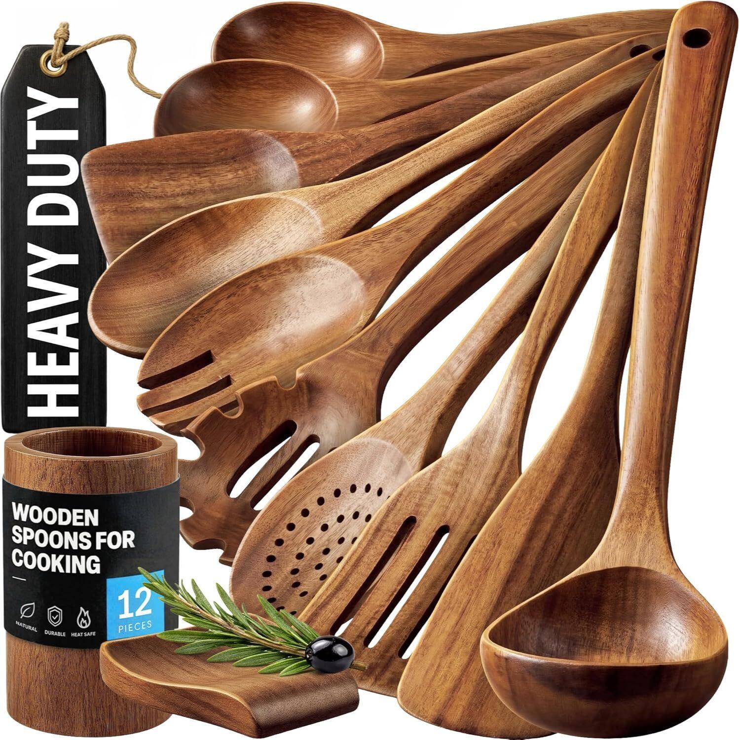 DUTY HEAVY WOODEN SPOONS FOR COOKING 12 PIECES DURABLE