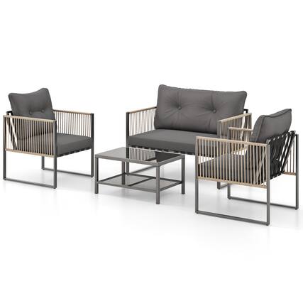 Front. Gymax - Gymax Set Of 4 Patio Furniture Set PE Rattan Conversation Sofa Set w/ Thick Cushions - Gray.