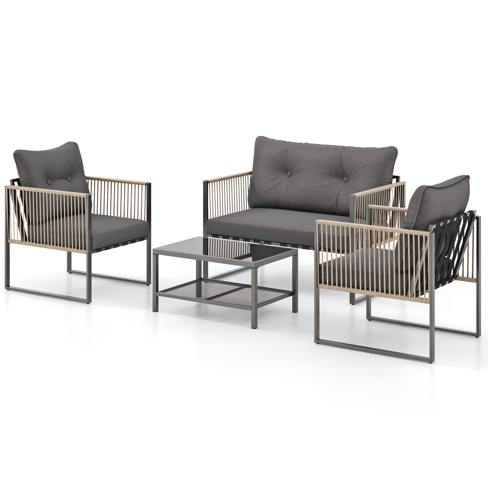 Front. Gymax - Gymax Set Of 4 Patio Furniture Set PE Rattan Conversation Sofa Set w/ Thick Cushions - Gray.