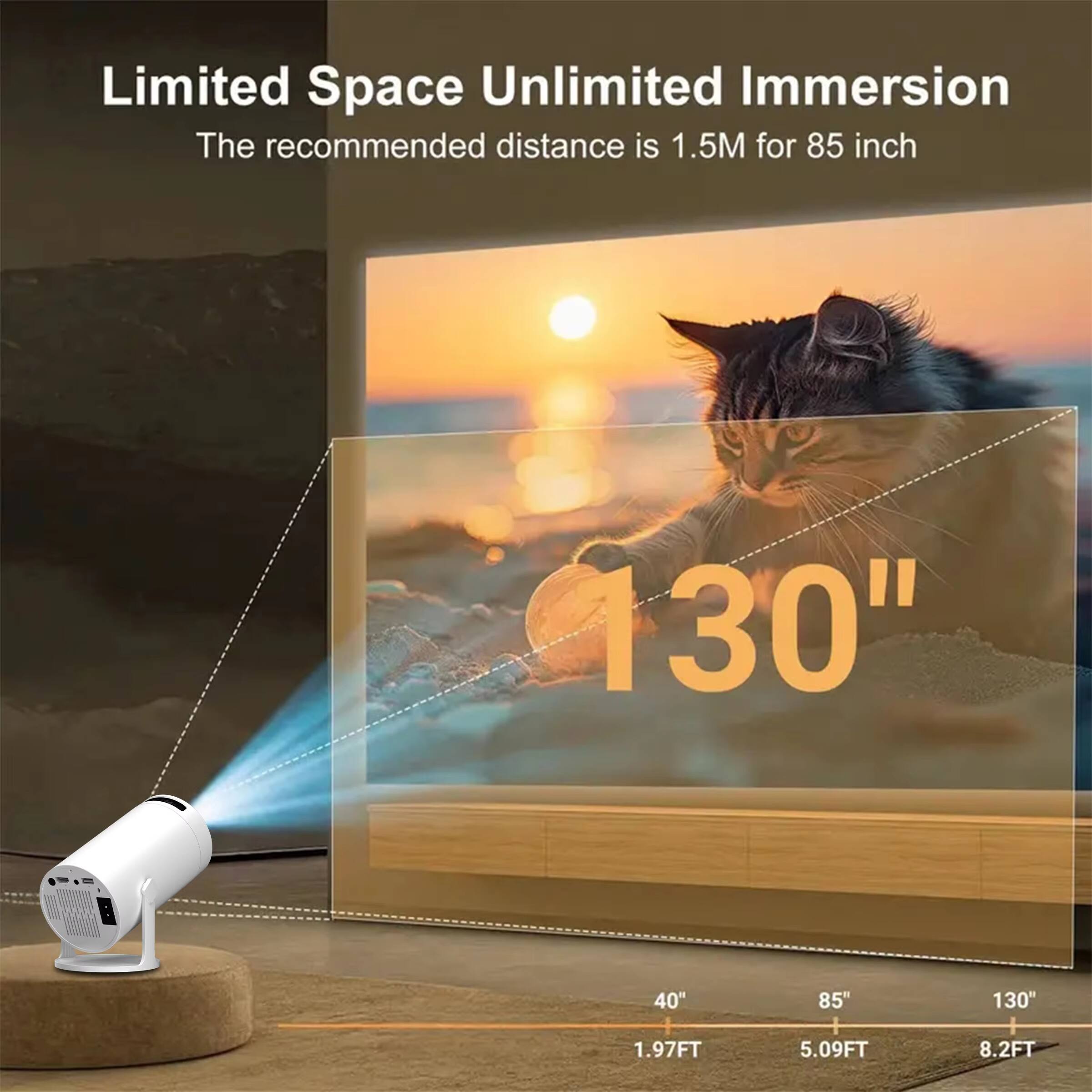 Limited Space Unlimited Immersion  
The recommended distance is 1.5M for 85 inch  

40" - 1.97FT  
85" - 5.09FT  
130" - 8.2FT