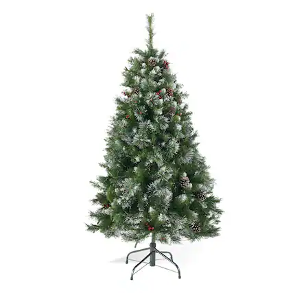 Front. BreeBe - 4.5 ftGlitter Bristle Mixed Hinged Tree with Red Berry and Pine Cones and 200 CL - Green.