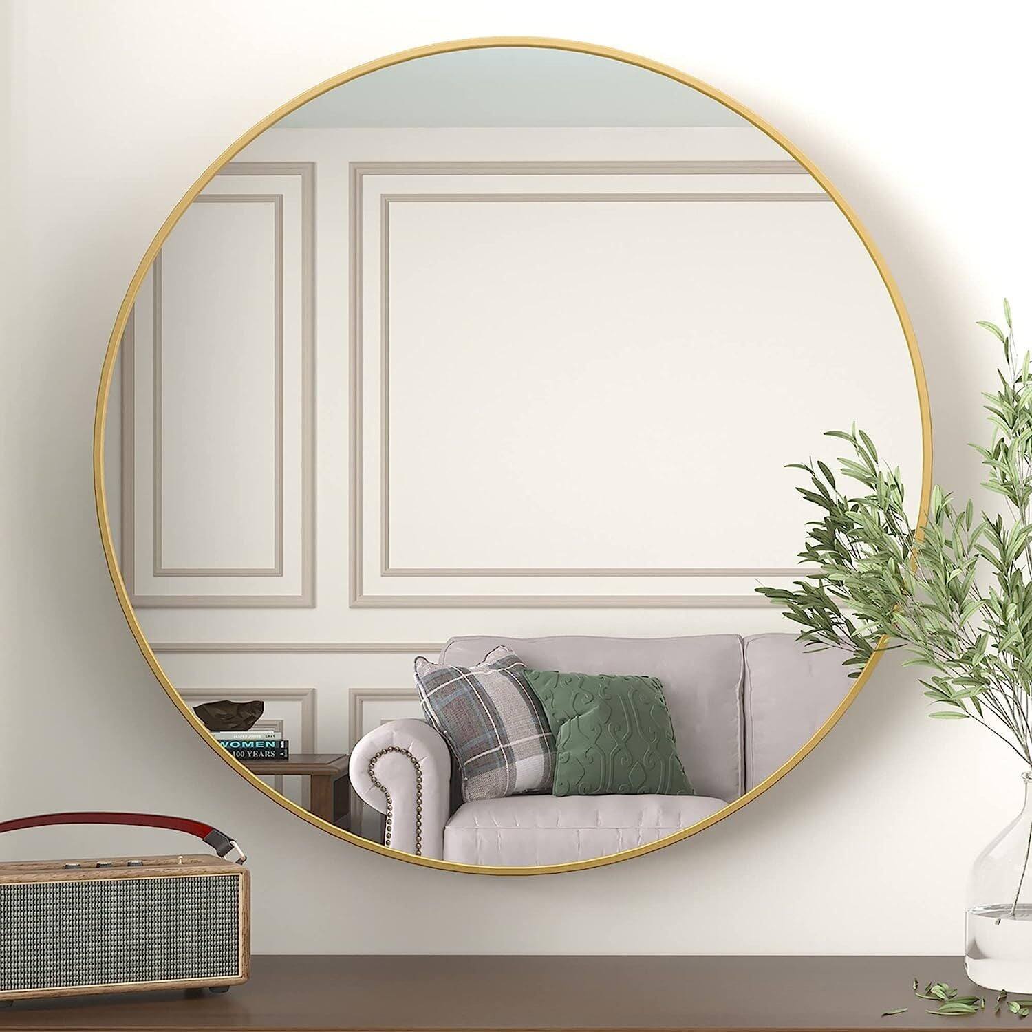 BreeBe - 36 Inch Metal Framed Round Bathrrom Mirror for Wall - Gold