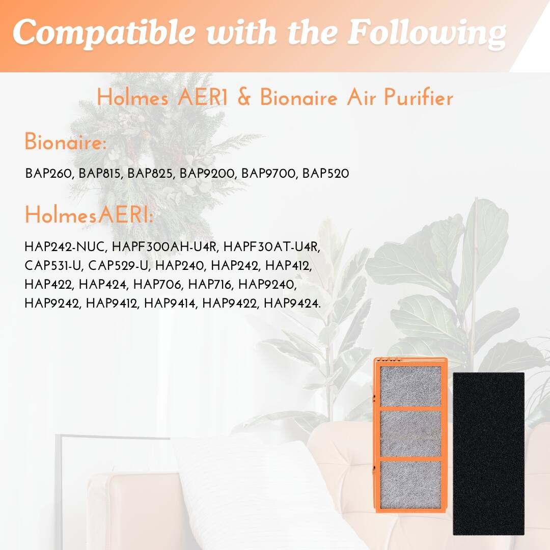 Compatible with the Following  
Holmes AERI & Bionaire Air Purifier  

Bionaire:  
BAP260, BAP815, BAP825, BAP9200, BAP9700, BAP520  

Holmes AERI:  
HAP242-NUC, HAPF300AH-U4R, HAPF30AT-U4R, CAP531-U, CAP529-U, HAP240, HAP242, HAP412, HAP422, HAP424, HAP706, HAP716, HAP9240, HAP9242, HAP9412, HAP9414, HAP9422, HAP9424.