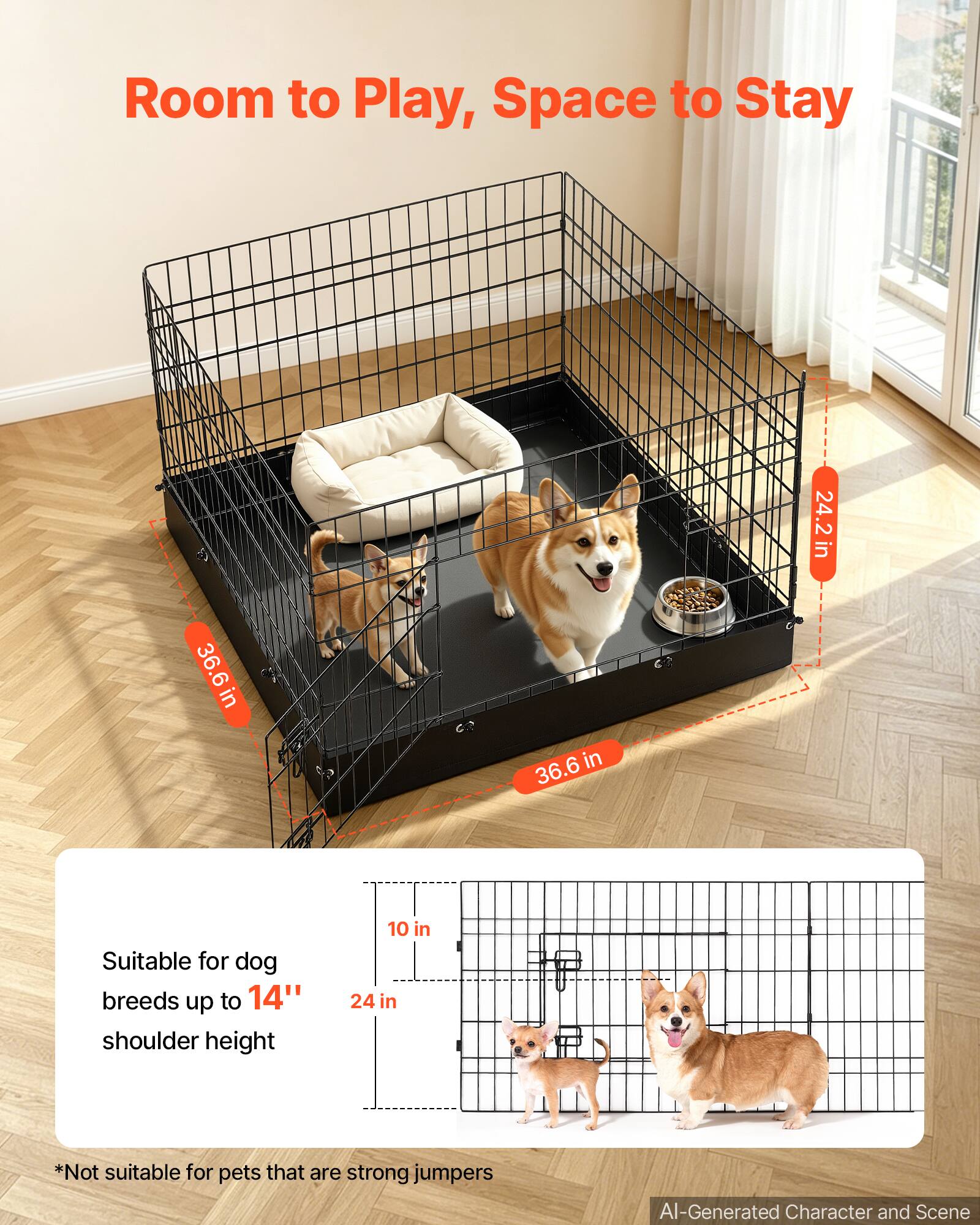 Room to Play, Space to Stay

36.6 in x 36.6 in x 24.2 in

Suitable for dog breeds up to 14" shoulder height

*Not suitable for pets that are strong jumpers

AI-Generated Character and Scene
