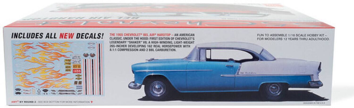 INCLUDES ALL NEW DECALS!  
THE 1955 CHEVROLET BEL AIR* HAROTOP - AN AMERICAN CLASSIC  
UNDER THE HOOD: FIRST EDITION OF CHEVROLET'S LEGENDARY "SHAKER" V8 - A HIGH-WINDING LIGHT-WEIGHT 265-INCHER DEVELOPING 162 REAL HORSEPOWER WITH 8.1:1 COMPRESSION AND 2 BBL CARBURETION  
FUN TO ASSEMBLE 1/16 SCALE HOBBY KIT - FOR MODELERS 12 YEARS THRU ADULTHOOD  
1985 AT BY