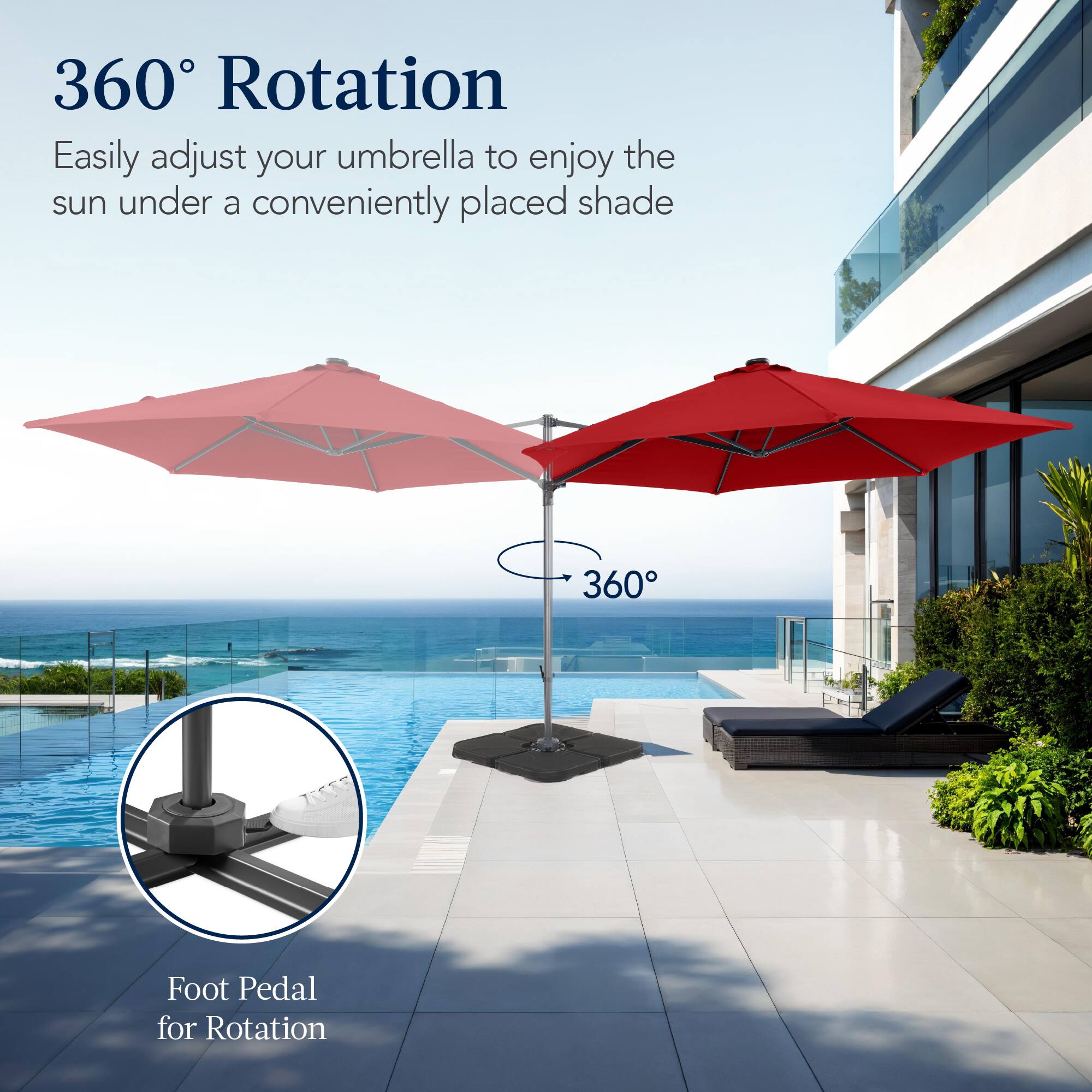 360° Rotation

Easily adjust your umbrella to enjoy the sun under a conveniently placed shade.

360° Foot Pedal for Rotation