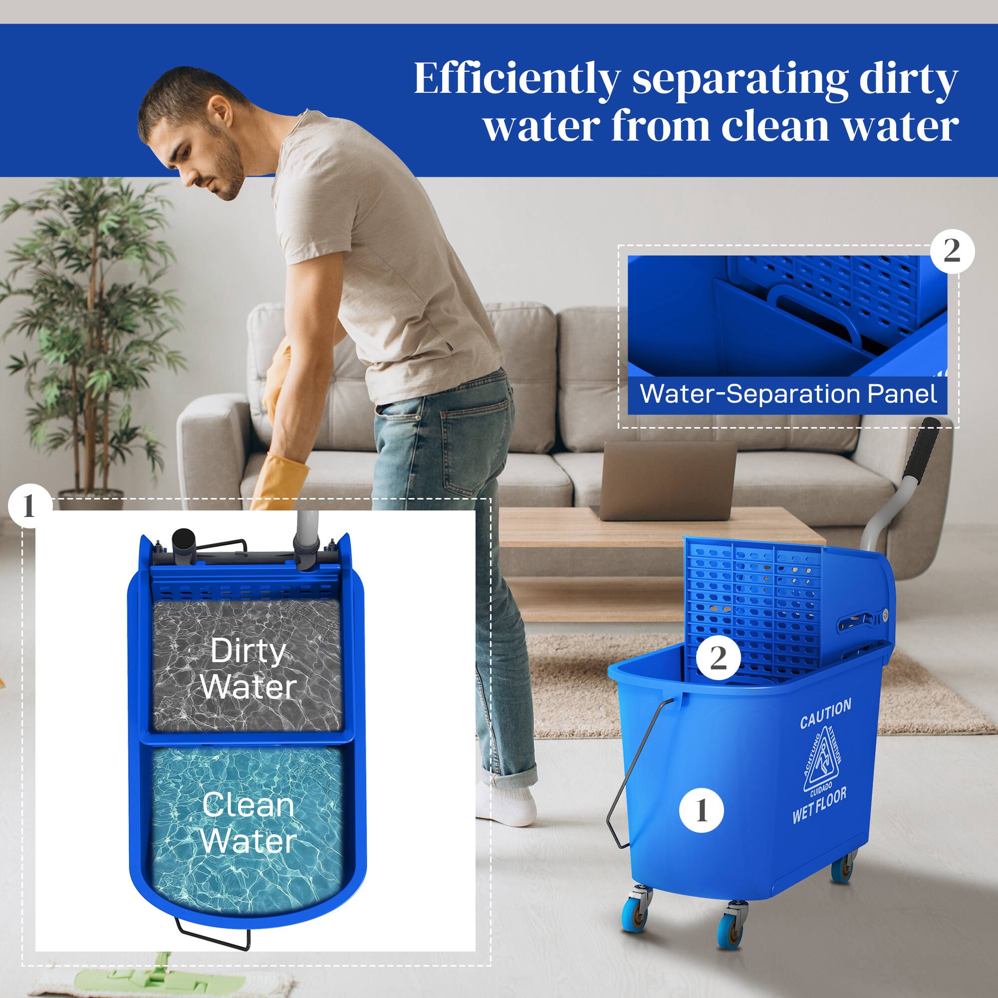 Efficiently separating dirty water from clean water

1. Dirty Water
2. Clean Water

Water-Separation Panel

CAUTION
WET FLOOR