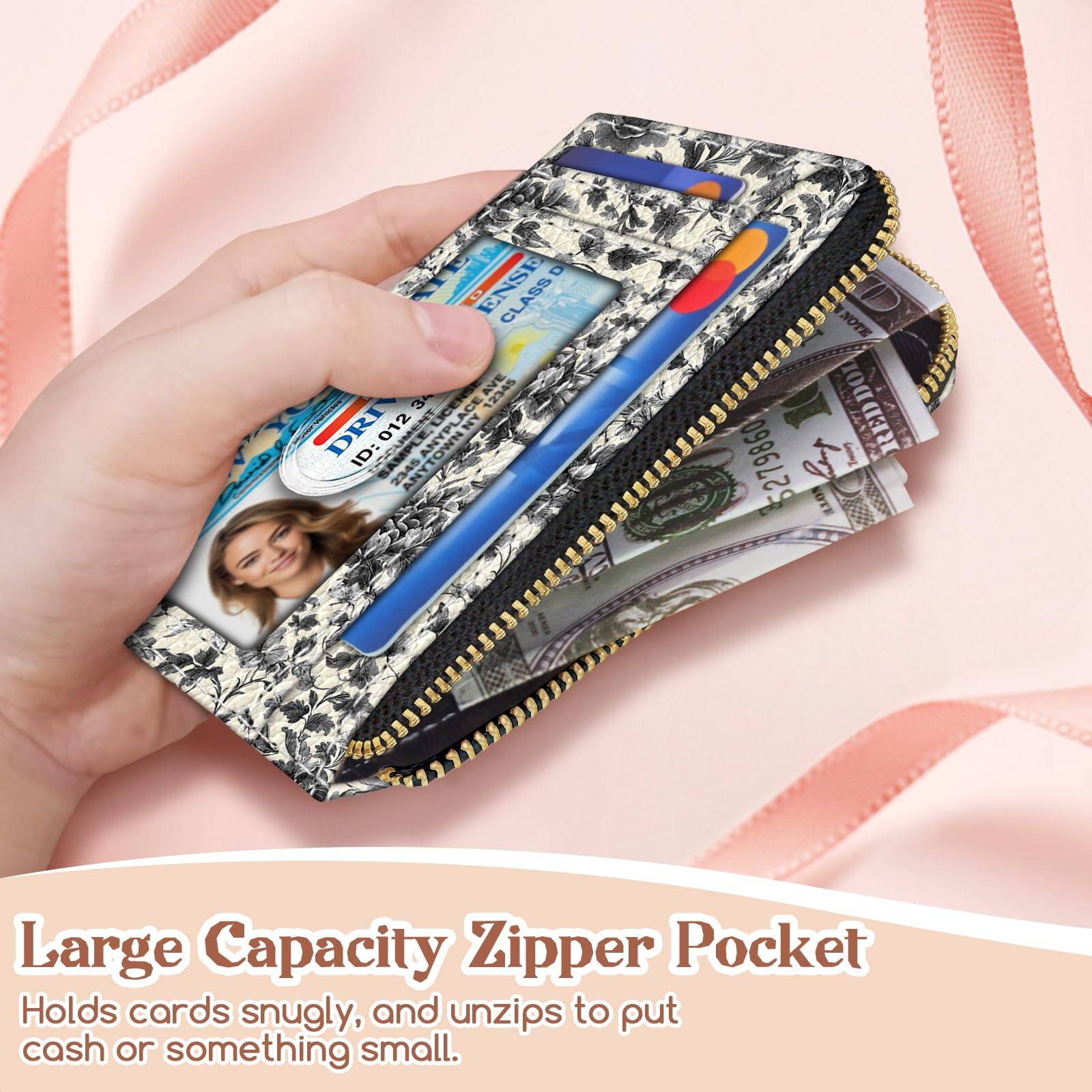 Back. Jadie Link - Slim Wallet Credit Card Holder Women Goth Bat Rfid Blocking Small Case Keychain Thin Pocket Curved Zipper Travel Leather - Black Cat Book.