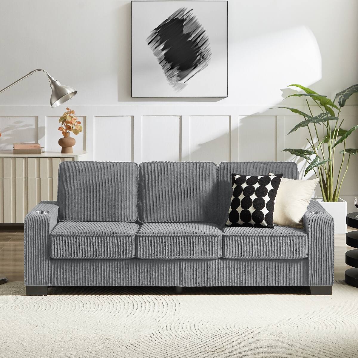 Angle. Ropilly - Ropilly 3 Seater Corduroy Sofa Gray Living Room Couch with Armrest Cup Holders for Bedroom Office - Gray.