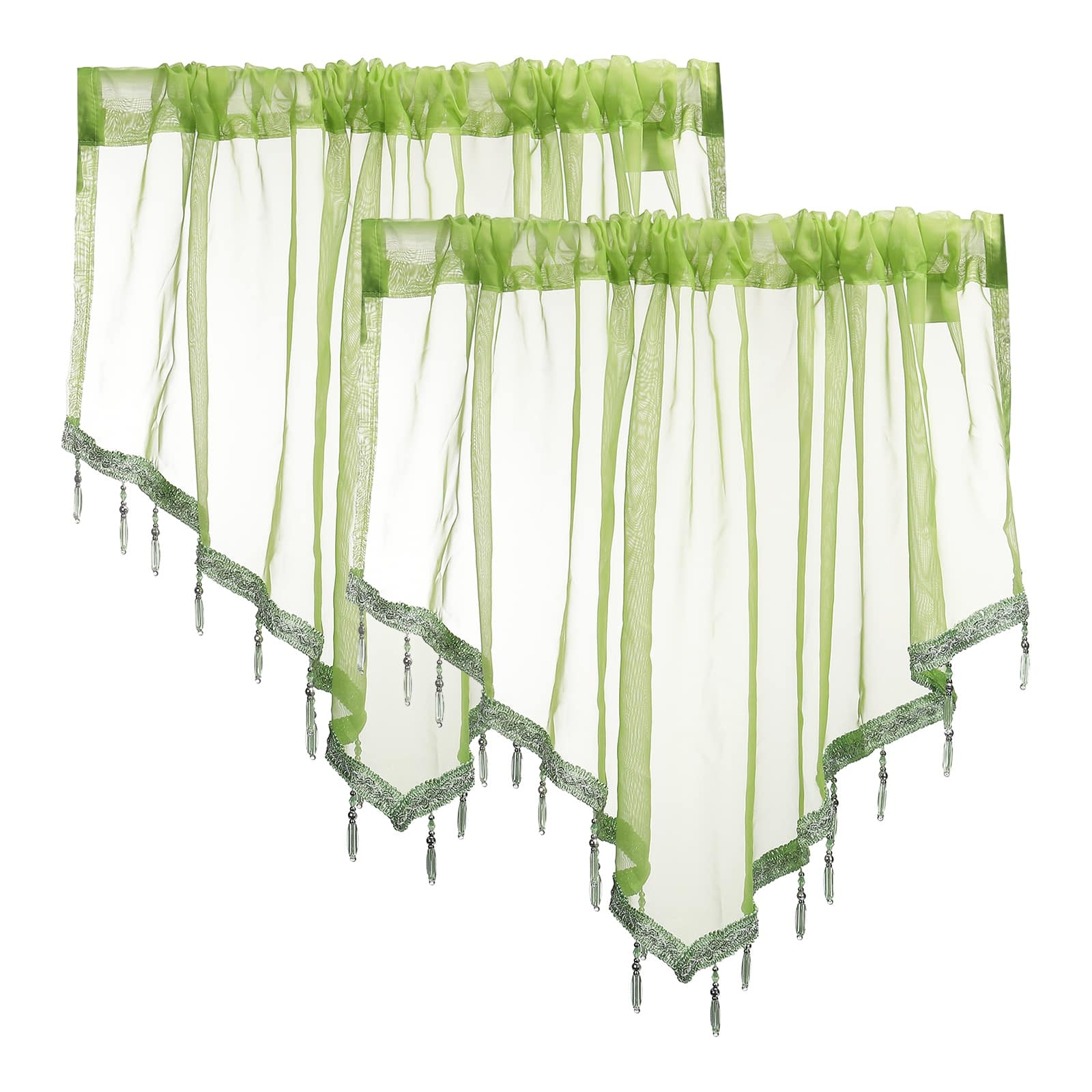 Unique Bargains - 2pcs Window Valance Curtains, 51x24 Inch, Beaded Triangle, Light Filtering Sheer for Bedroom Bathroom Living Room - Green price history on PriceWatchPro