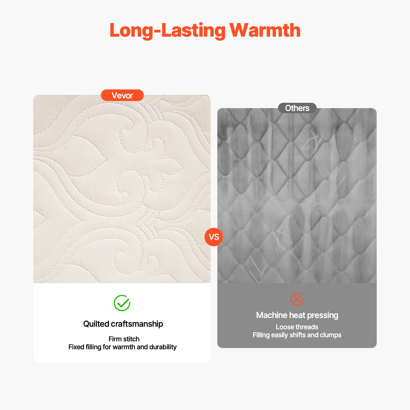 Long-Lasting Warmth

Vevor

Quilted craftsmanship  
Firm stitch  
Fixed filling for warmth and durability

Others

Machine heat pressing  
Loose threads  
Filling easily shifts and clumps