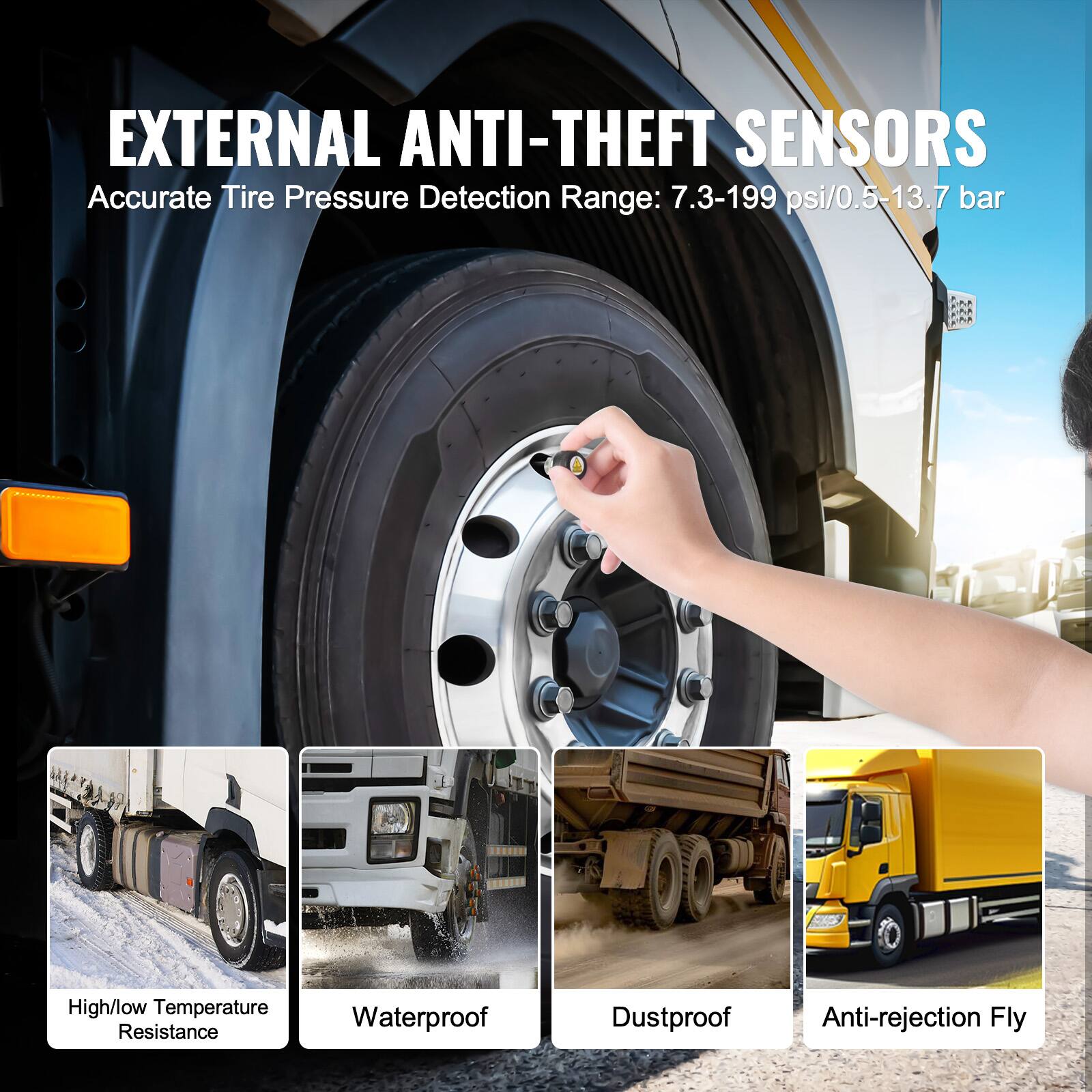 EXTERNAL ANTI-THEFT SENSORS

Accurate Tire Pressure Detection Range: 7.3-199 psi/0.5-13.7 bar

- High/low Temperature Resistance
- Waterproof
- Dustproof
- Anti-rejection Fly
