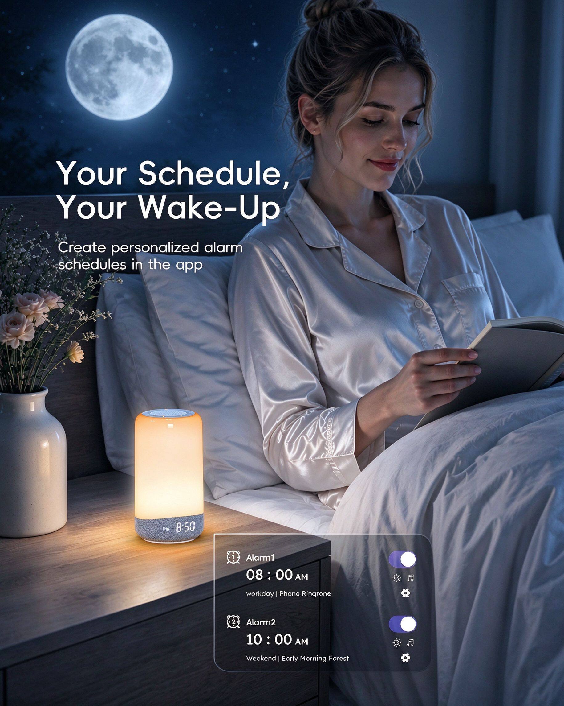Your Schedule, Your Wake-Up  
Create personalized alarm schedules in the app  

PM 8:50  
Alarm1 08:00 AM  
workday 1 Phone Ringtone  
Alarm2 10:00 AM  
Weekend 1 Early Morning Forest