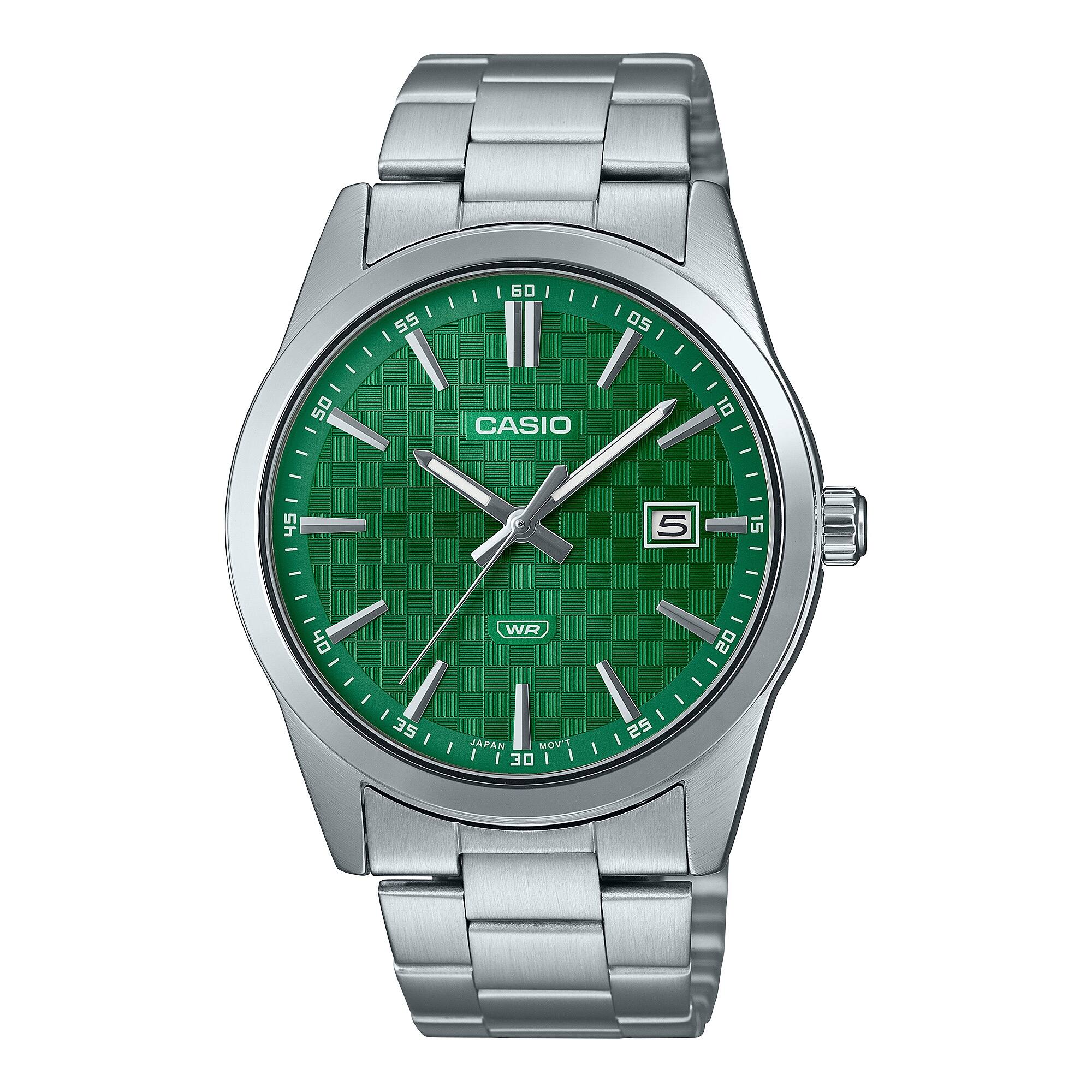Casio - Men’s Stainless Steel Watch with Green Textured Dial - MTP-VD03D-3A1UDF - Silver