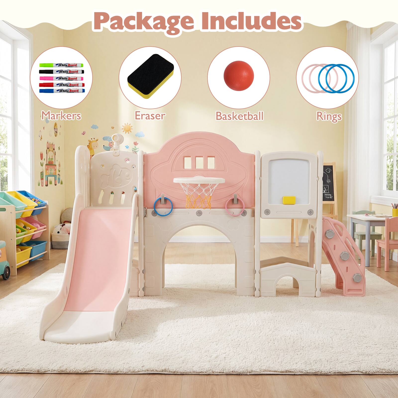 Package Includes

- White Board
- Markers
- Eraser
- Basketball
- Rings