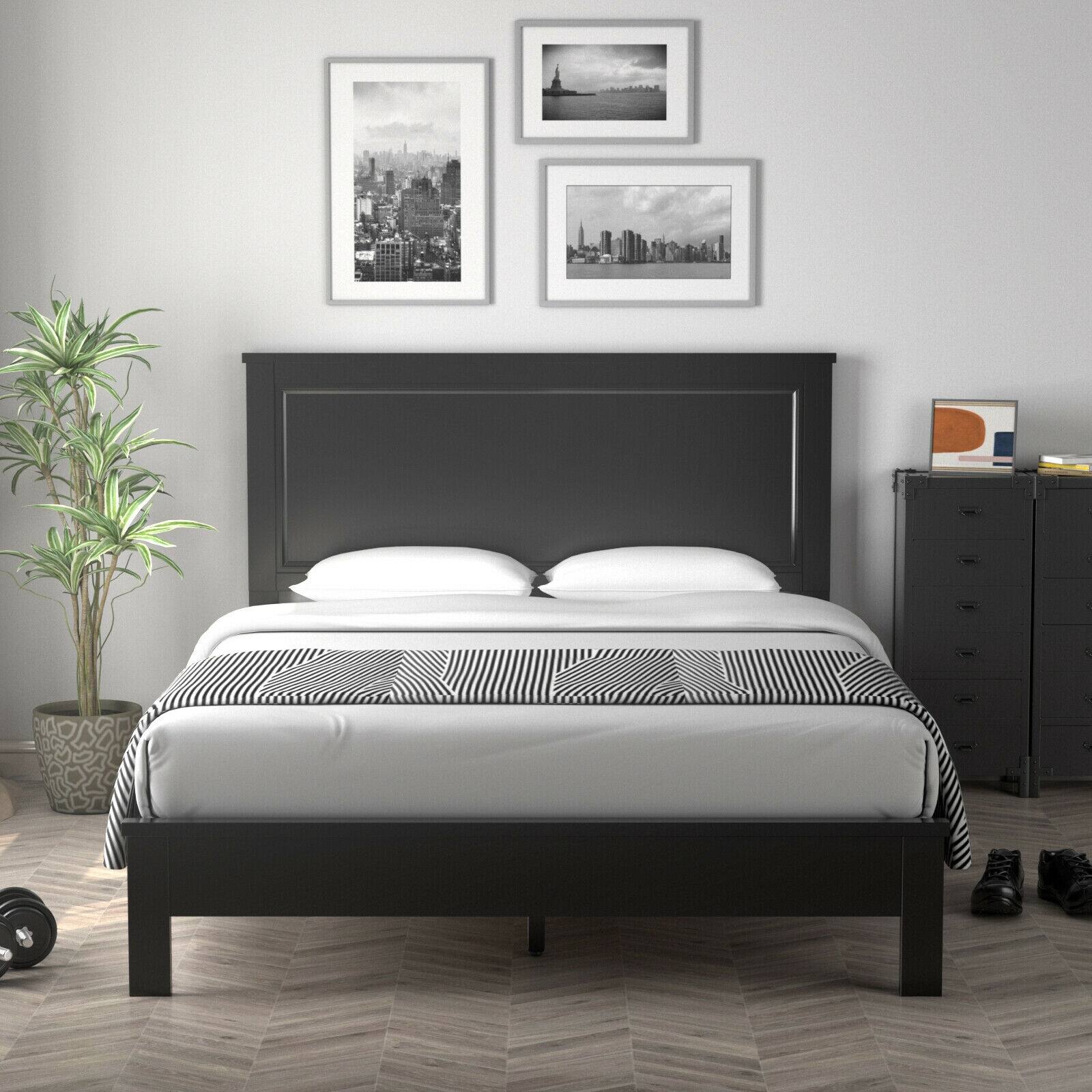 Alt View 9. Ecooso - Queen Size Bed Frame Platform Slat High Headboard Bedroom with Rubber Wood Leg - Black.