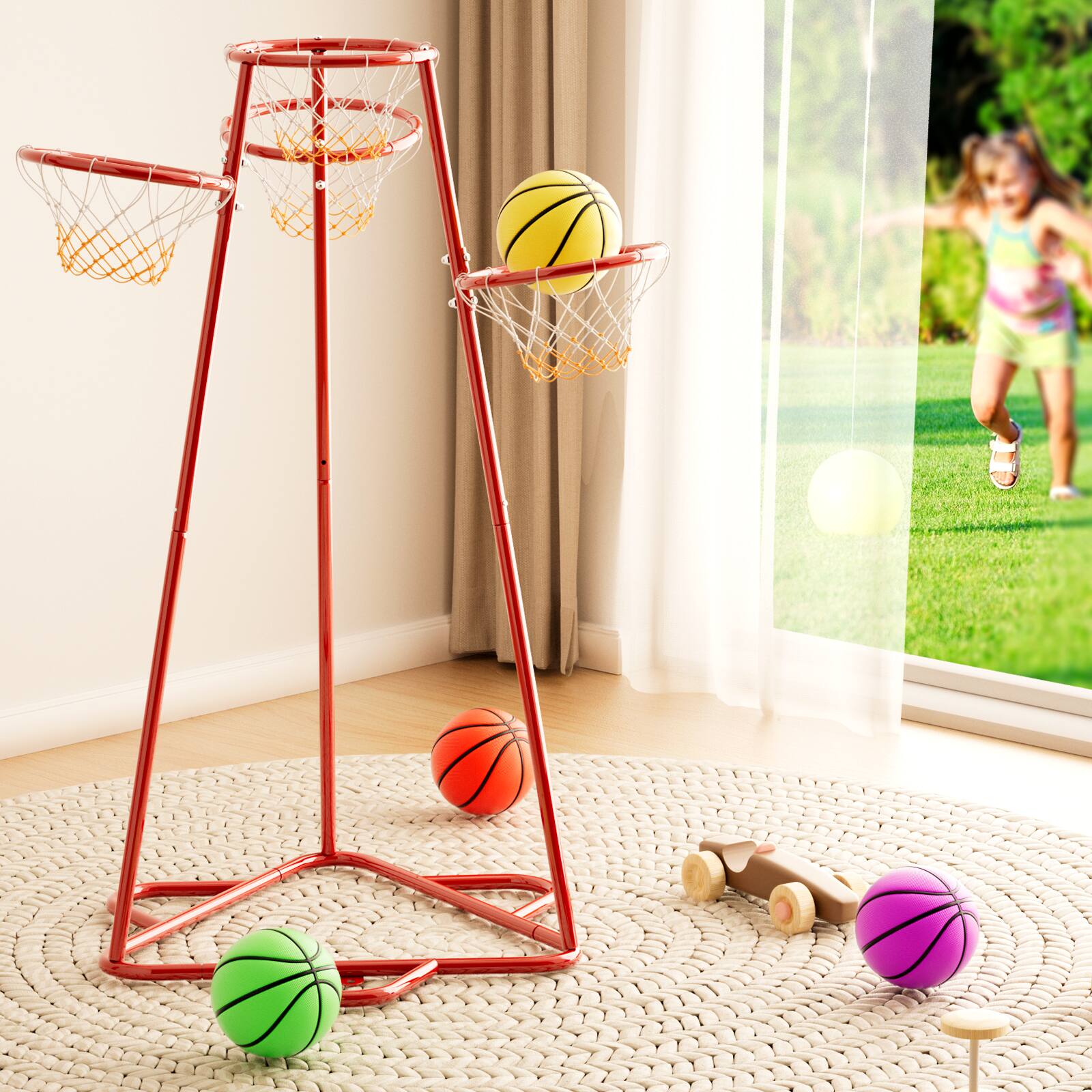 Left. Topteng - 4-Hoop Kids Basketball Set with 4 Balls - Adjustable Height Preschool Toy for Indoor & Outdoor Play, Red.
