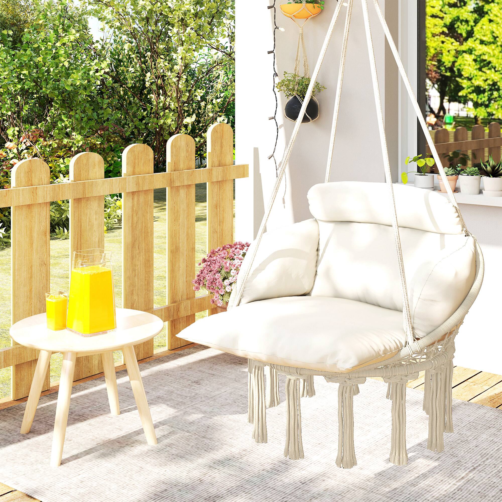 Alt View 8. Outsunny - Swing Chair, Macrame Hanging Chair with Large Cushion, Chain, Steel Frame for Indoor Outdoor Use - Cream White.