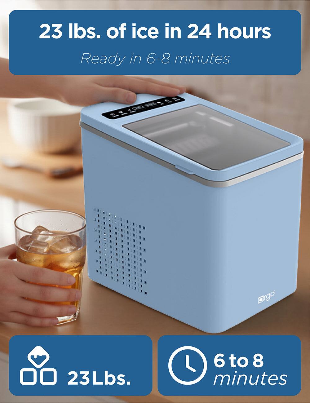 23 lbs. of ice in 24 hours  
Ready in 6-8 minutes  

23 lbs.  
6 to 8 minutes