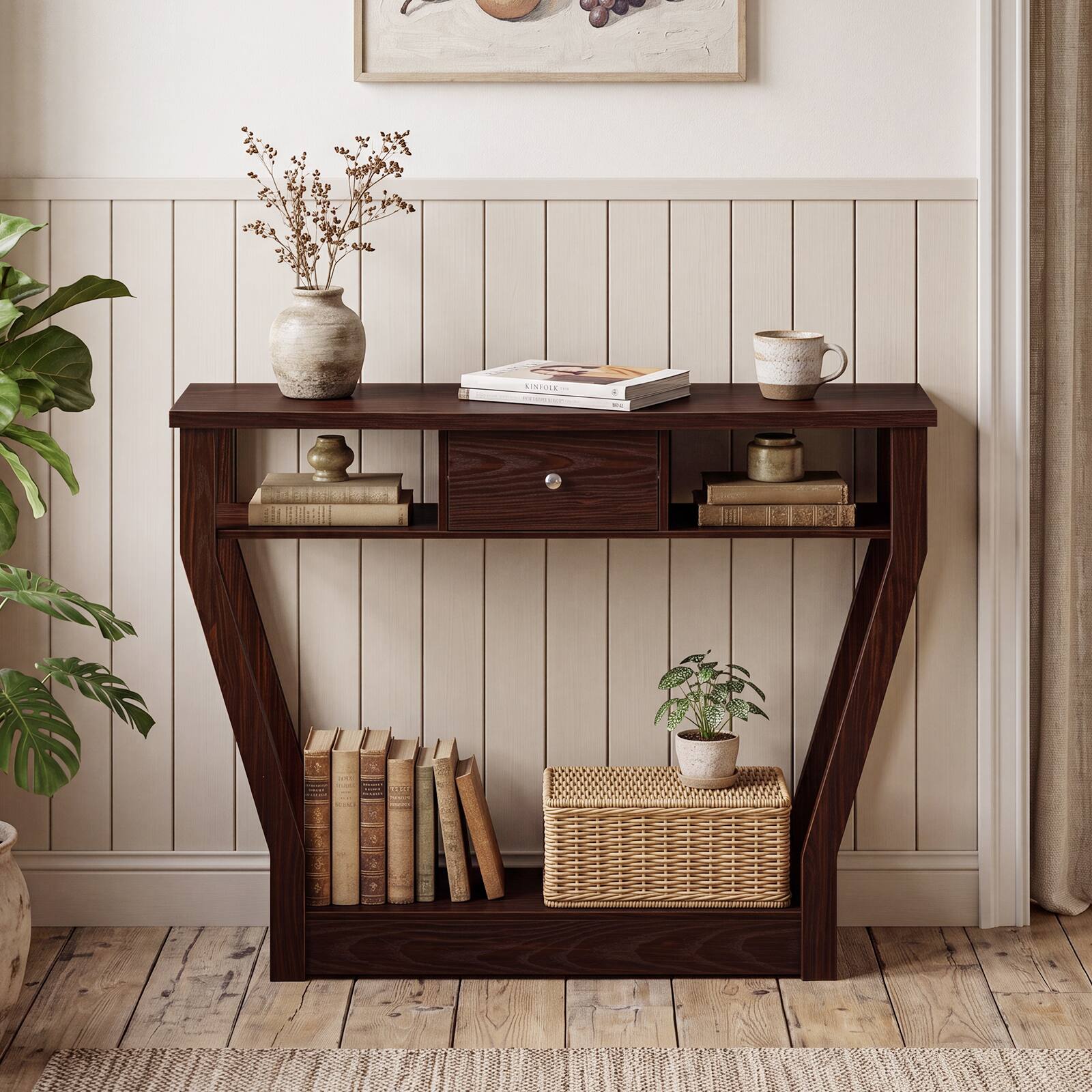 Alt View 1. Costway - Costway Console Table Modern Sofa Accent Table with Drawer Entryway Hallway Hall - Brown.