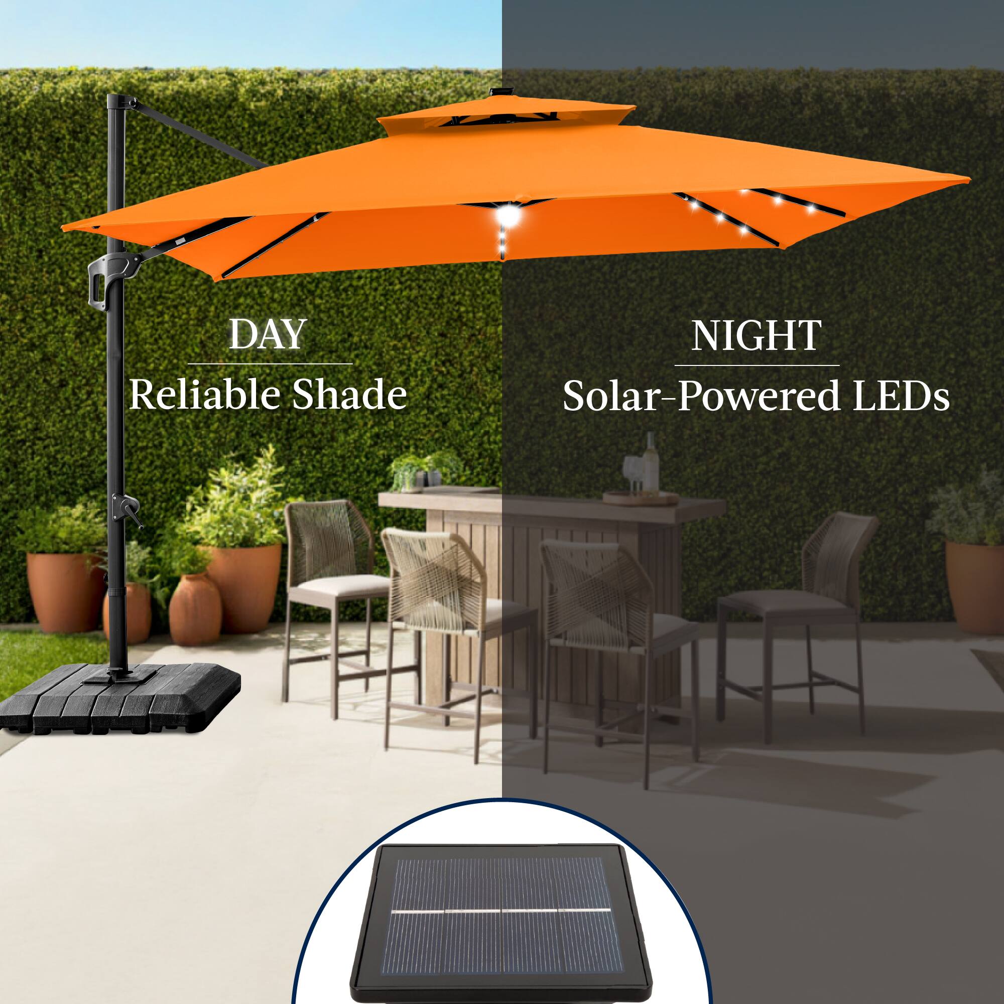 DAY  
Reliable Shade  

NIGHT  
Solar-Powered LEDs