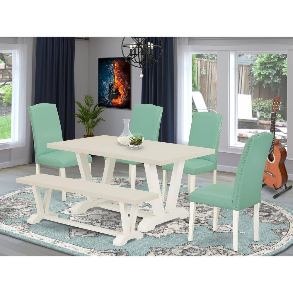 Angle. East West Furniture - East West Furniture 6 Pc Dining Room Set Contains a Linen White Dining Table and a Mid Century Bench, 4 Pond PU Leather - Multi-Color.
