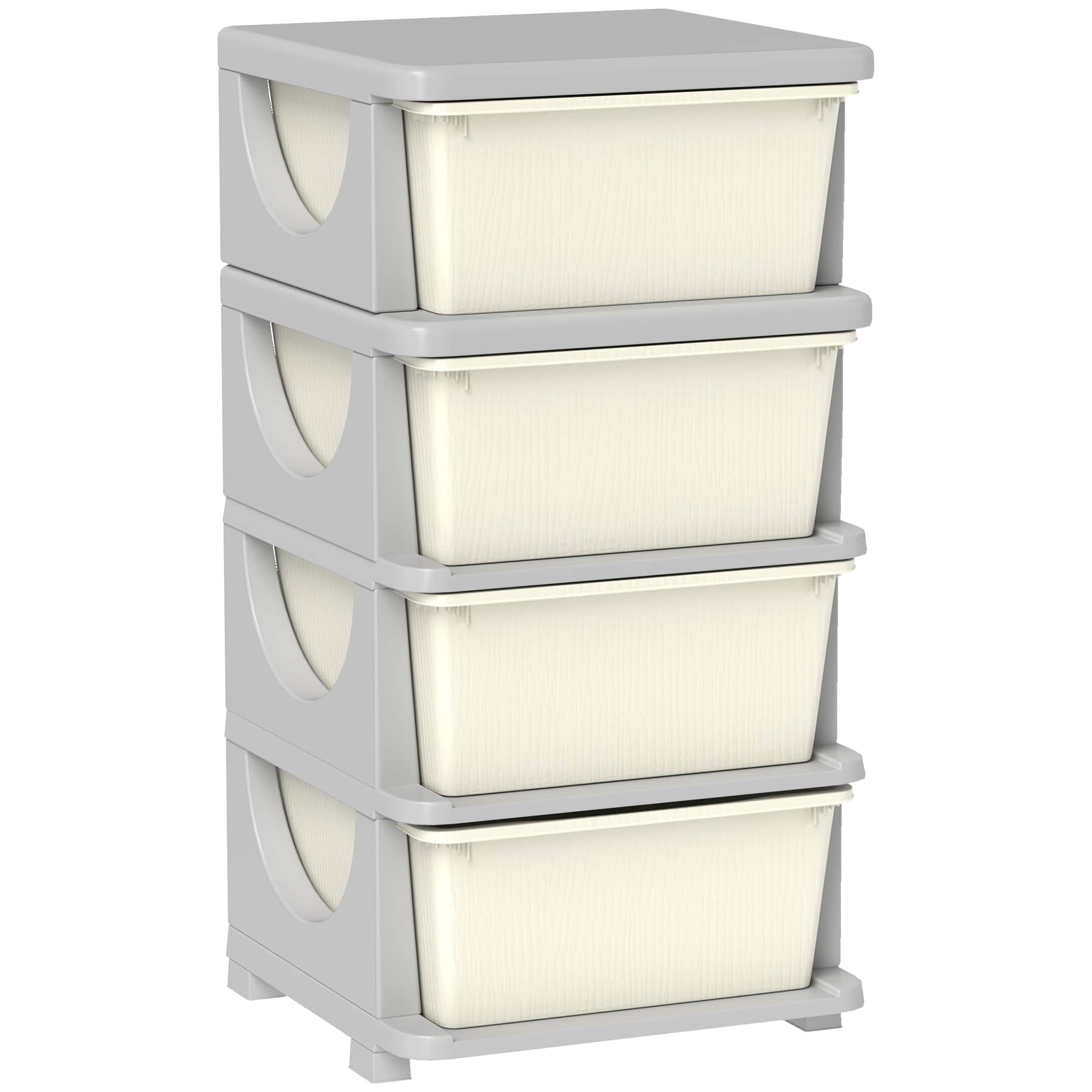 Qaba - 4 Tier Kids Storage Unit, 4 Drawer Chest Toy Organizer, Plastic Bins, Bedroom, Nursery, Living Room, Boys Girls Toddlers - Cream White