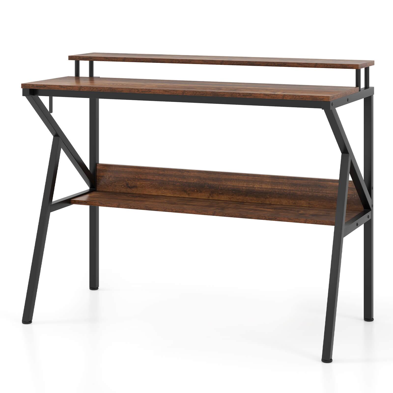 Alt View 9. Costway - Costway Home Office Desk with Monitor Stand, Open Shelf & Metal Frame, Earphone Hook - Brown.