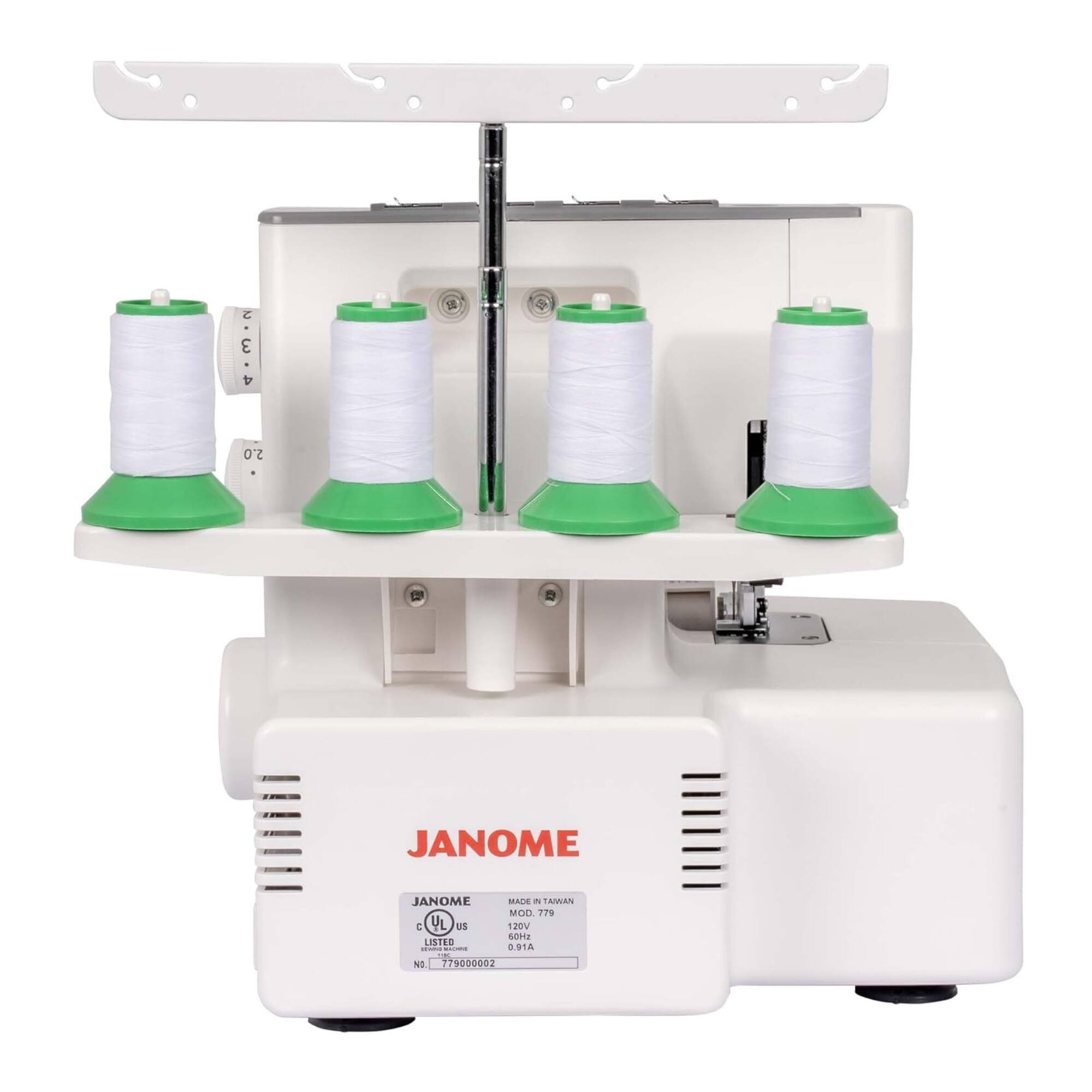 JANOME  
JANOME  
MADE IN TAIWAN  
MOD. 779  
120V  
0.91A  
LISTED  
UL US  
cE.U 3 4  
2.0  
779000002
