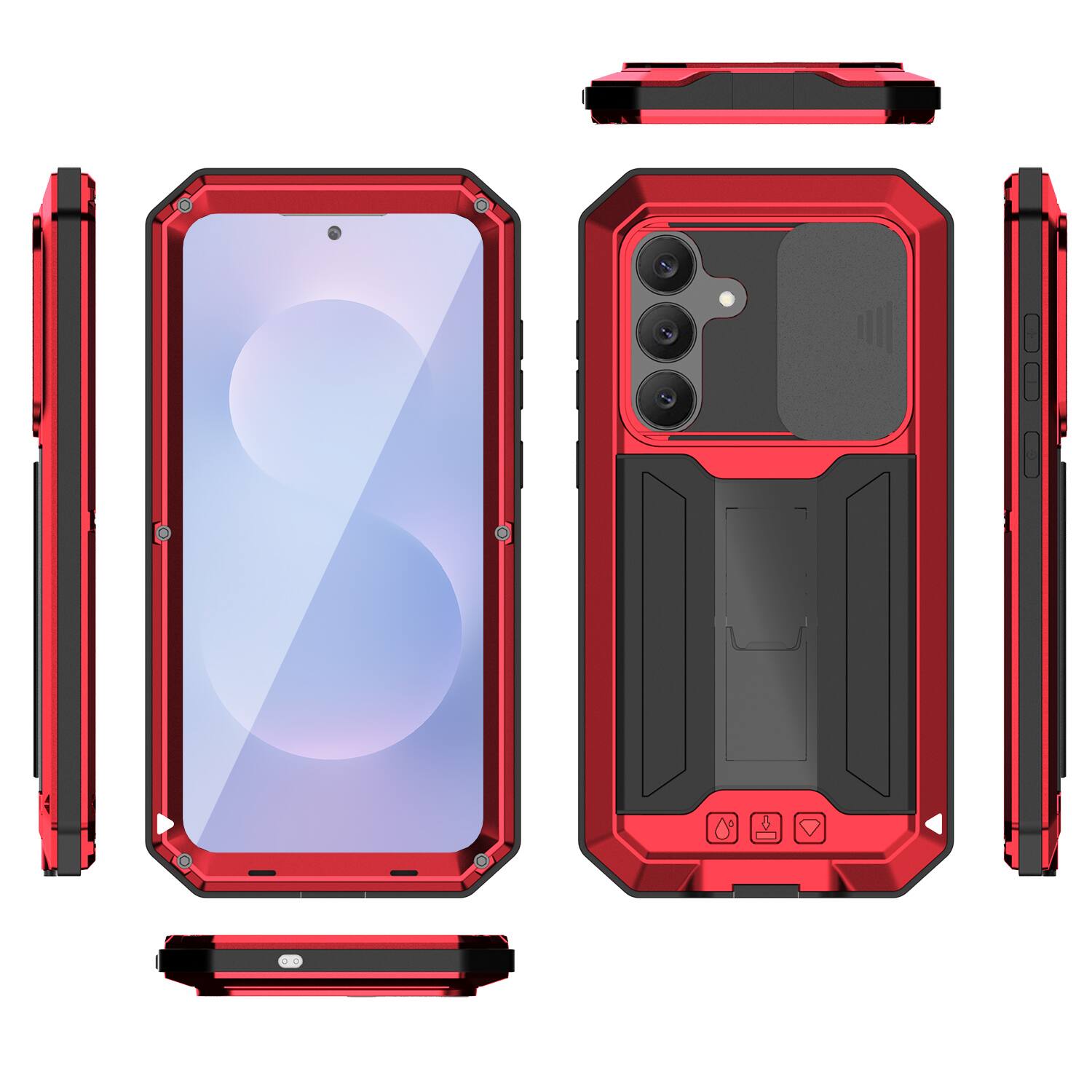 Angle. Dteck - For Samsung Galaxy S26 Kickstand Shockproof Rugged Full Body Case Built-in Screen Protector+Sliding Lens Cover - Red.