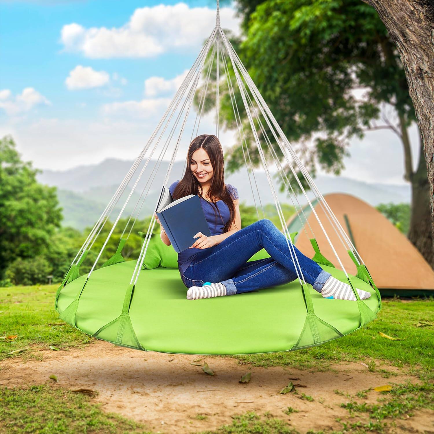 Alt View 6. Sorbus - orbus 56" Stylish Hanging Swing Nest - Premium Cotton Double Hammock Daybed Saucer Style Lounger Swing Chair- 264lbs - Green.