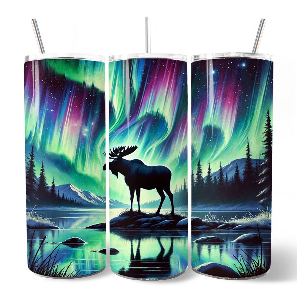 Front. OrnamentallyYou - Majestic Moose Under Northern Lights 20oz Tumbler With Lid and Stainless Steel Straw - Multicolored.