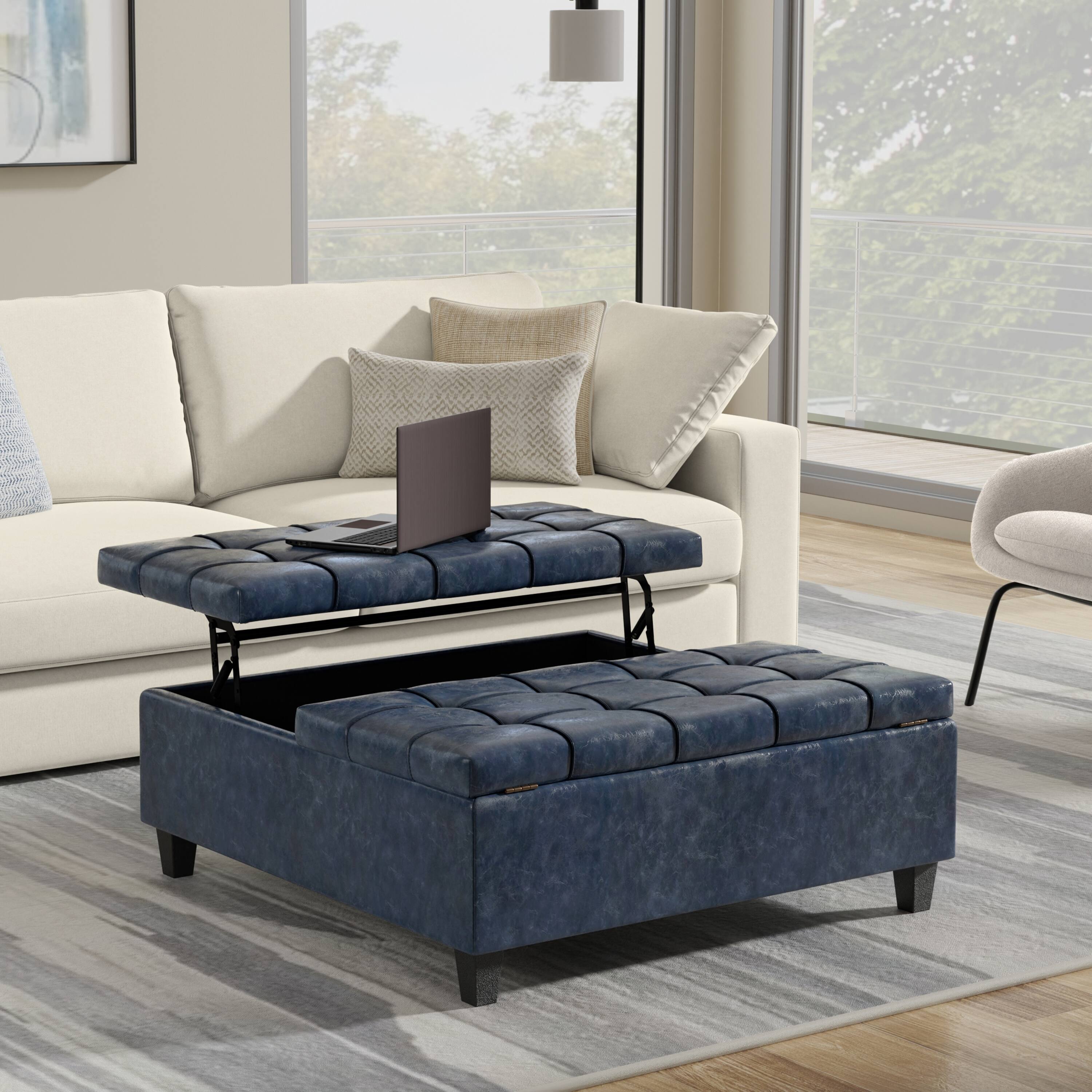 Angle. Simpli Home - Harrison 40 inch Wide Large Square Coffee Table Storage Ottoman in Denim Blue Vegan Leather - Denim Blue.