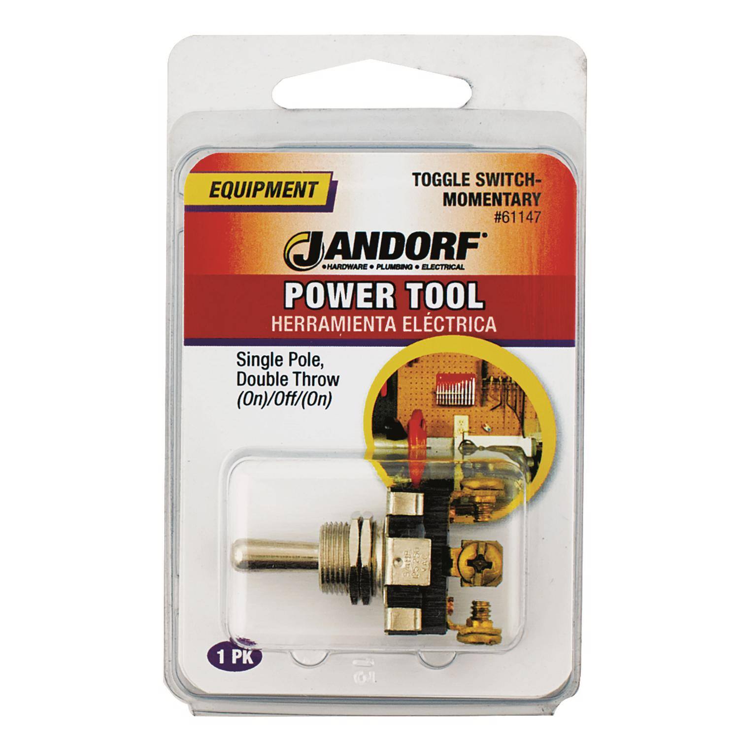 TOGGLE SWITCH - EQUIPMENT MOMENTARY #61147  
JANDORF  
HARDWARE • PLUMBING • ELECTRICAL  
POWER TOOL  
HERRAMIENTA ELÉCTRICA  
Single Pole, Double Throw (On)/Off/(On)  
1 PK