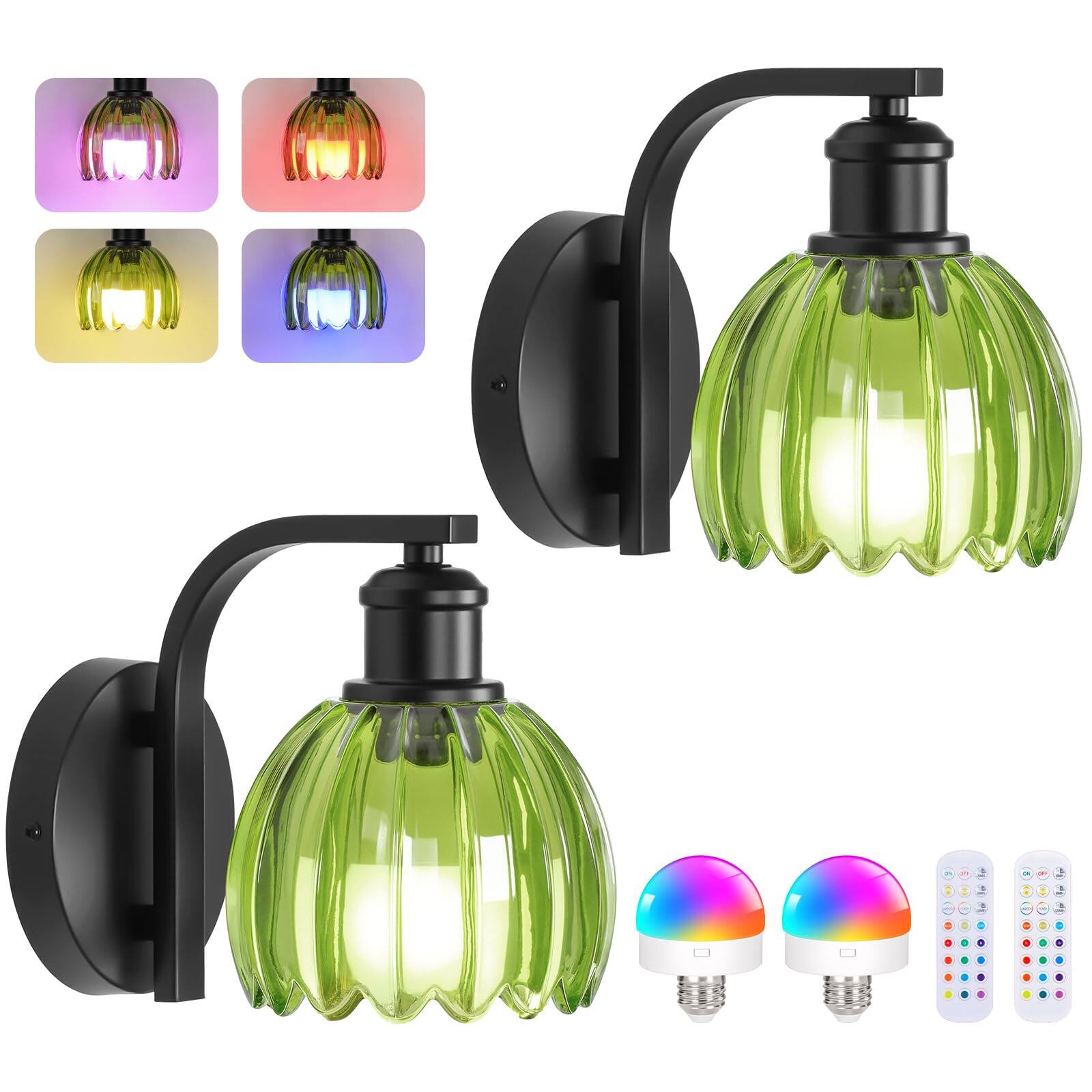 Dazzed Corner - Battery Operated Wall Sconce Set of Two with Green Glass Lampshade, with Remote Control