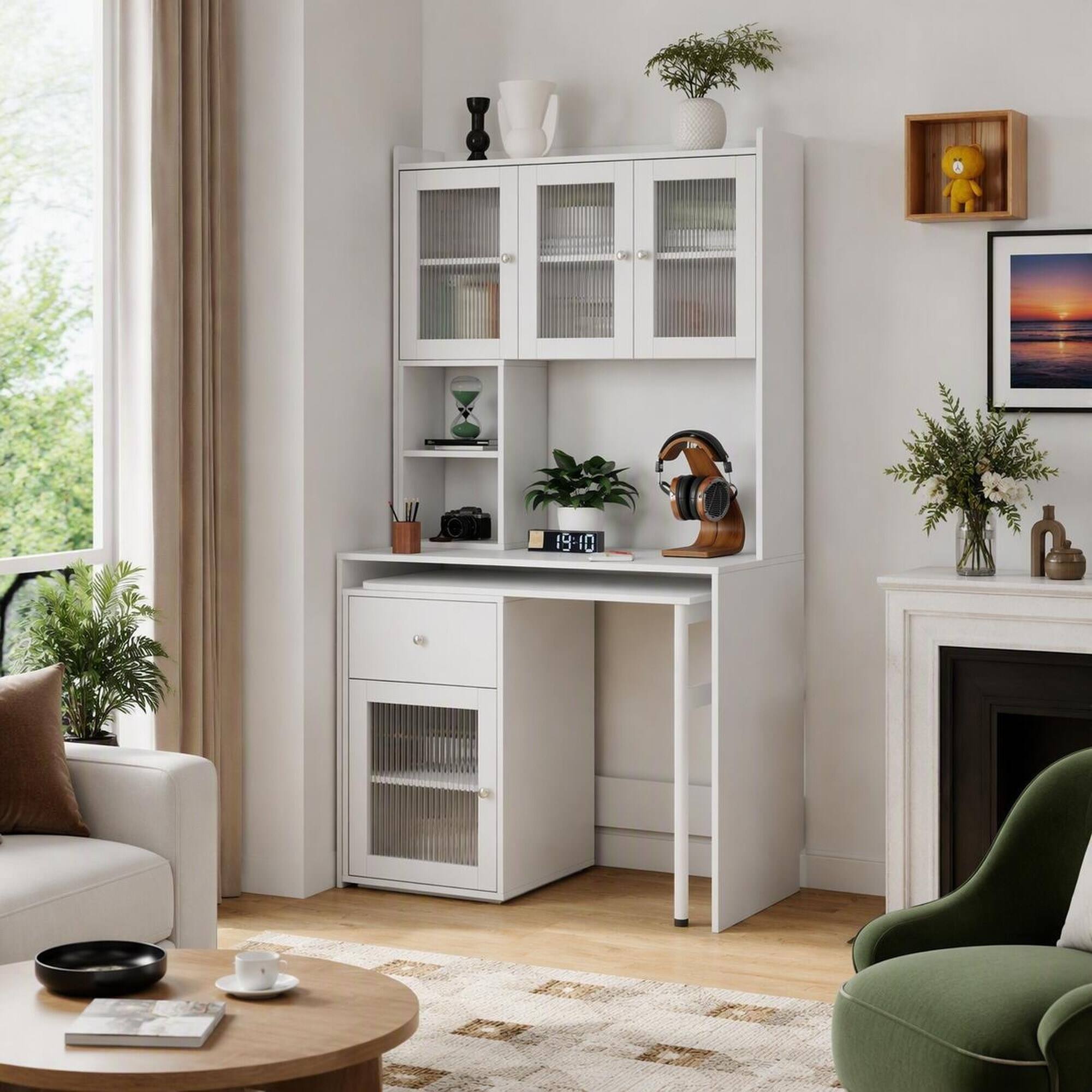 Back. RYHNUYNE - Computer Desk with Glass Door Hutch, 90 Degree Rotating Desktop, Storage Shelves and Drawer for Home Office, Study - White.