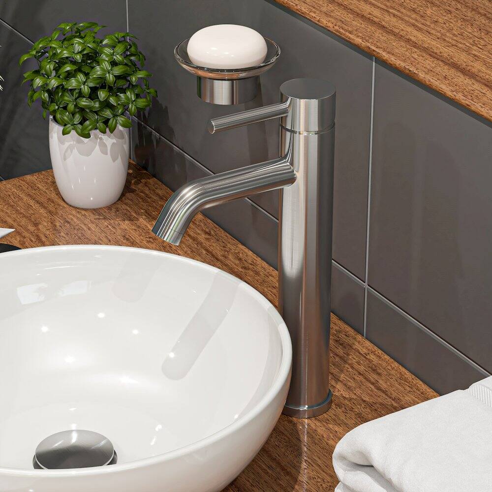 Back. Alfi - White 15" Round Vessel Bowl Above Mount Ceramic Sink - White.