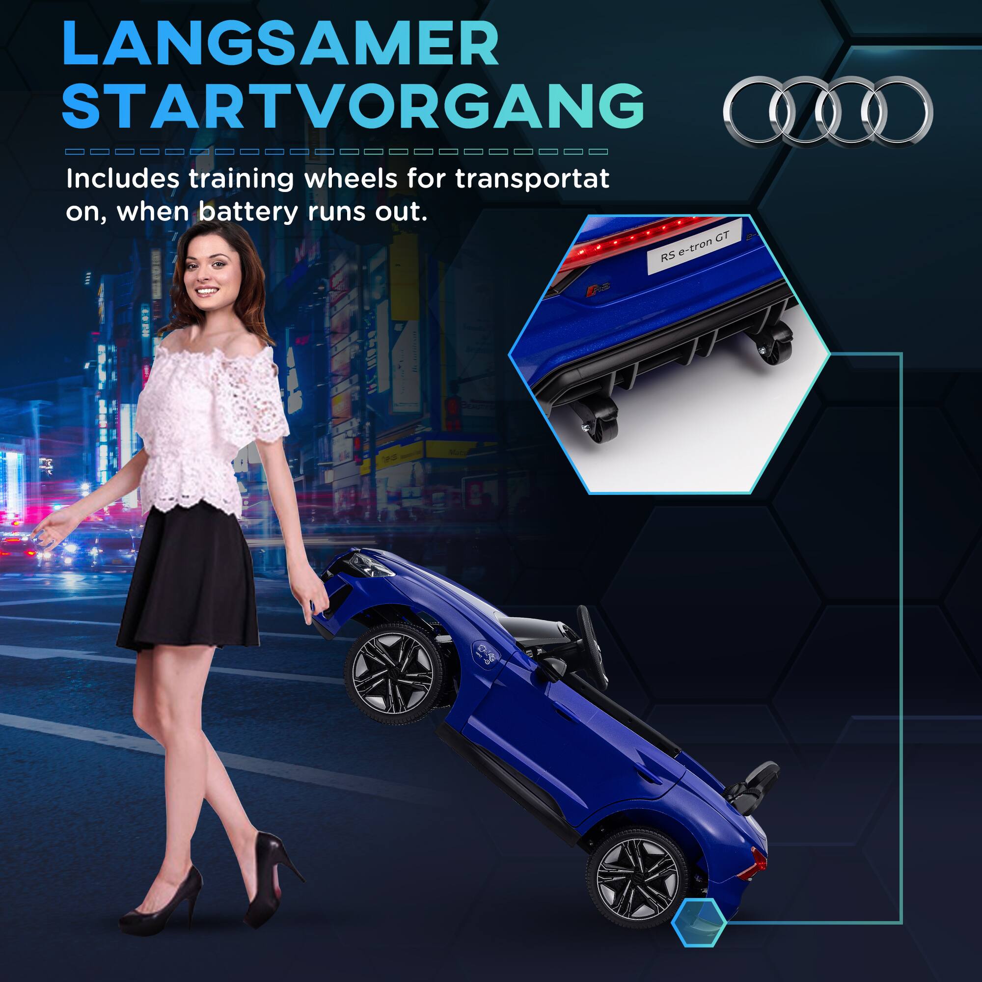 LANGSAMER STARTVORGANG  
Includes training wheels for transportat on, when battery runs out.  
RS e-tron GT