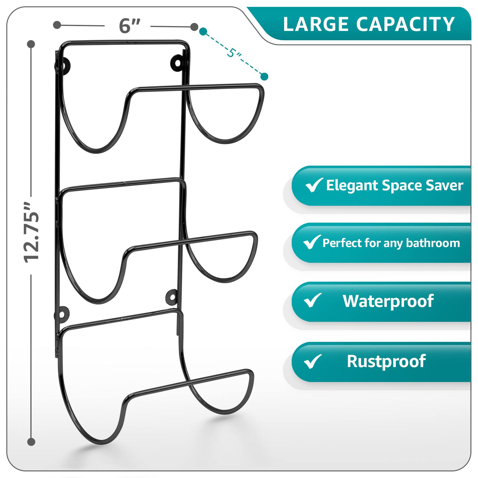 - 6" 5"
- 12.75"
- LARGE CAPACITY
- Elegant Space Saver
- Perfect for any bathroom
- Waterproof
- Rustproof