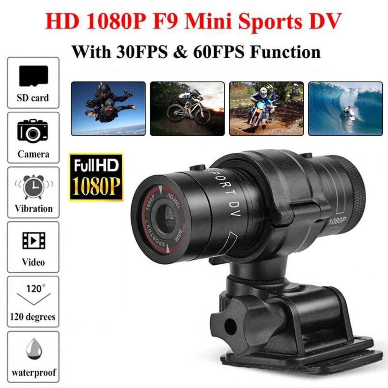 HD 1080P F9 Mini Sports DV  
With 30FPS & 60FPS Function  

- SD card  
- Camera  
- Vibration  
- Video  
- 120° 120 degrees  
- Waterproof  

FullHD 1080P