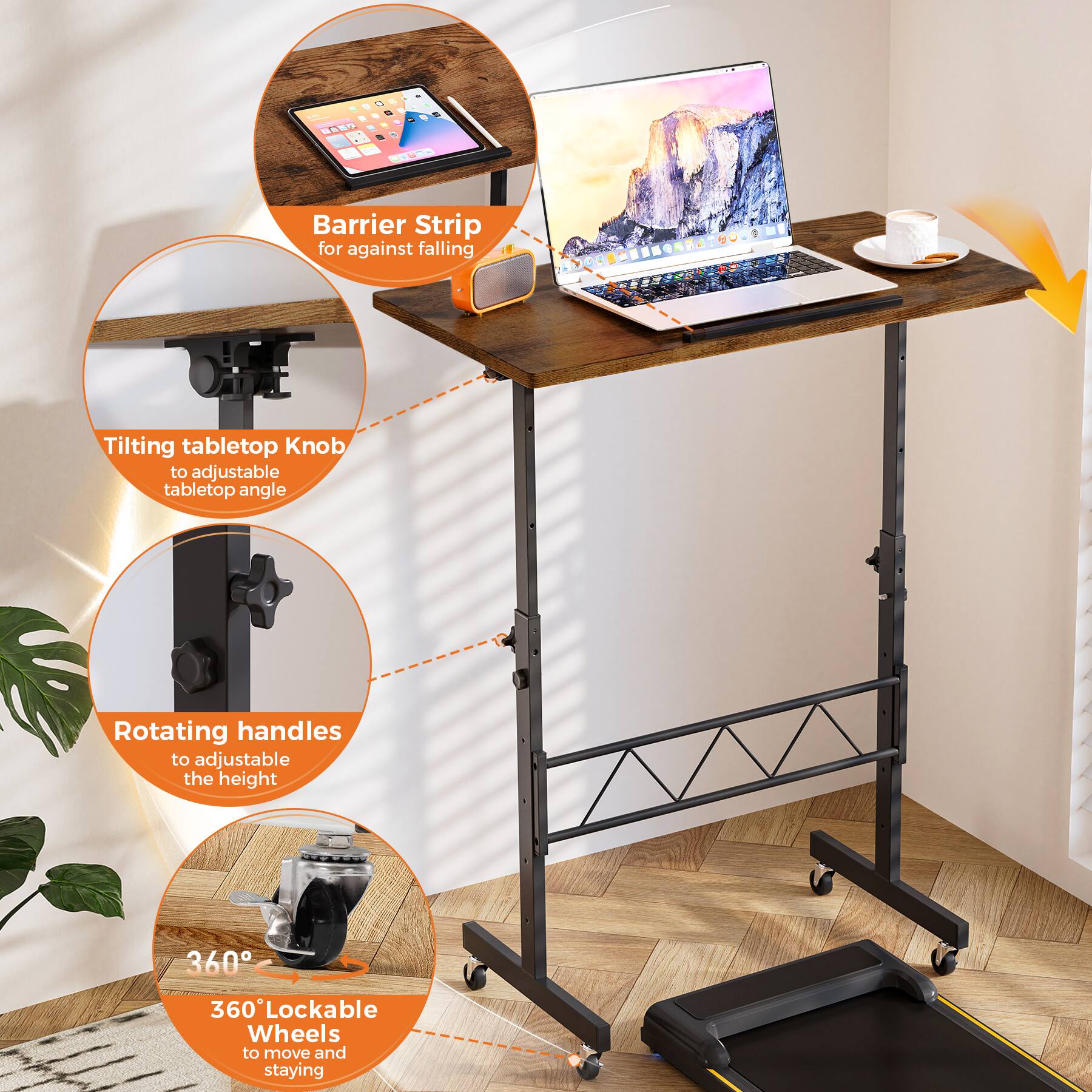 1 - Barrier Strip for against falling - Tilting tabletop Knob to adjustable tabletop angle
2 - Rotating handles to adjustable the height
3 - 360° Lockable Wheels to move and staying