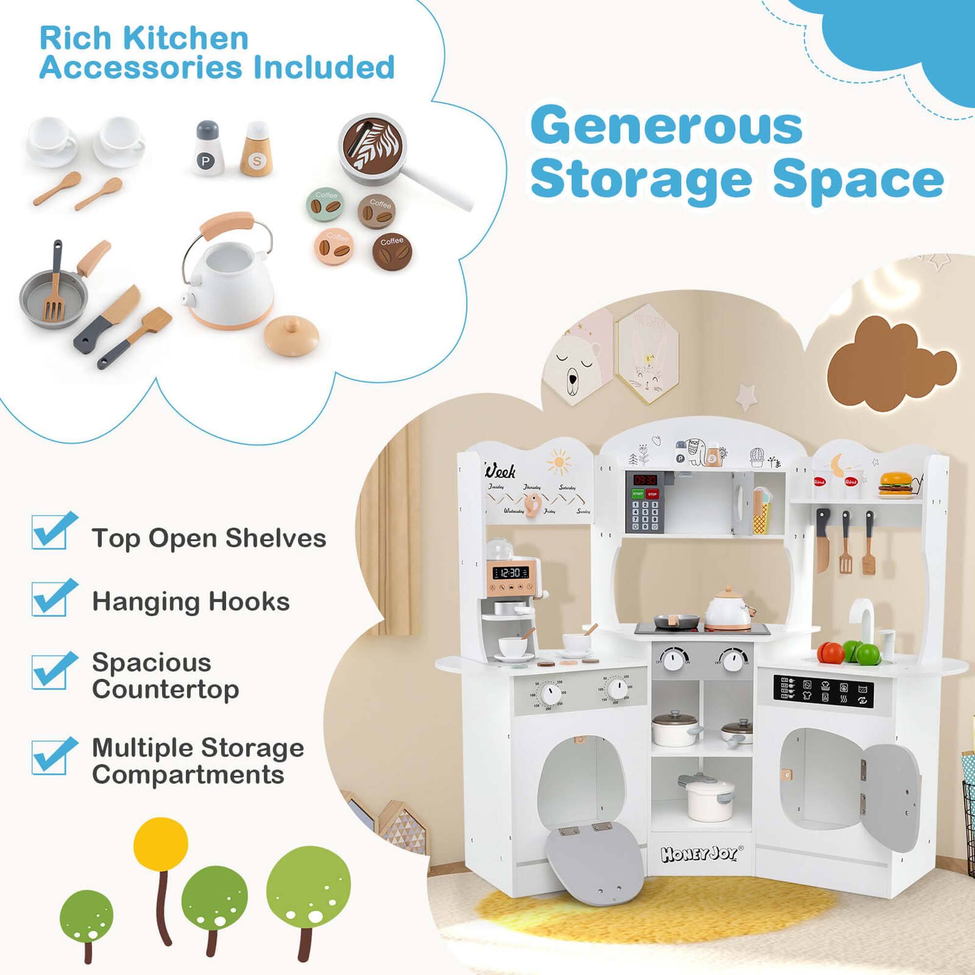 Rich Kitchen Accessories Included, Generous Storage Space, Week 1, Top Open Shelves, Hanging Hooks, Spacious Countertop, Multiple Storage Compartments, HONEYJOY