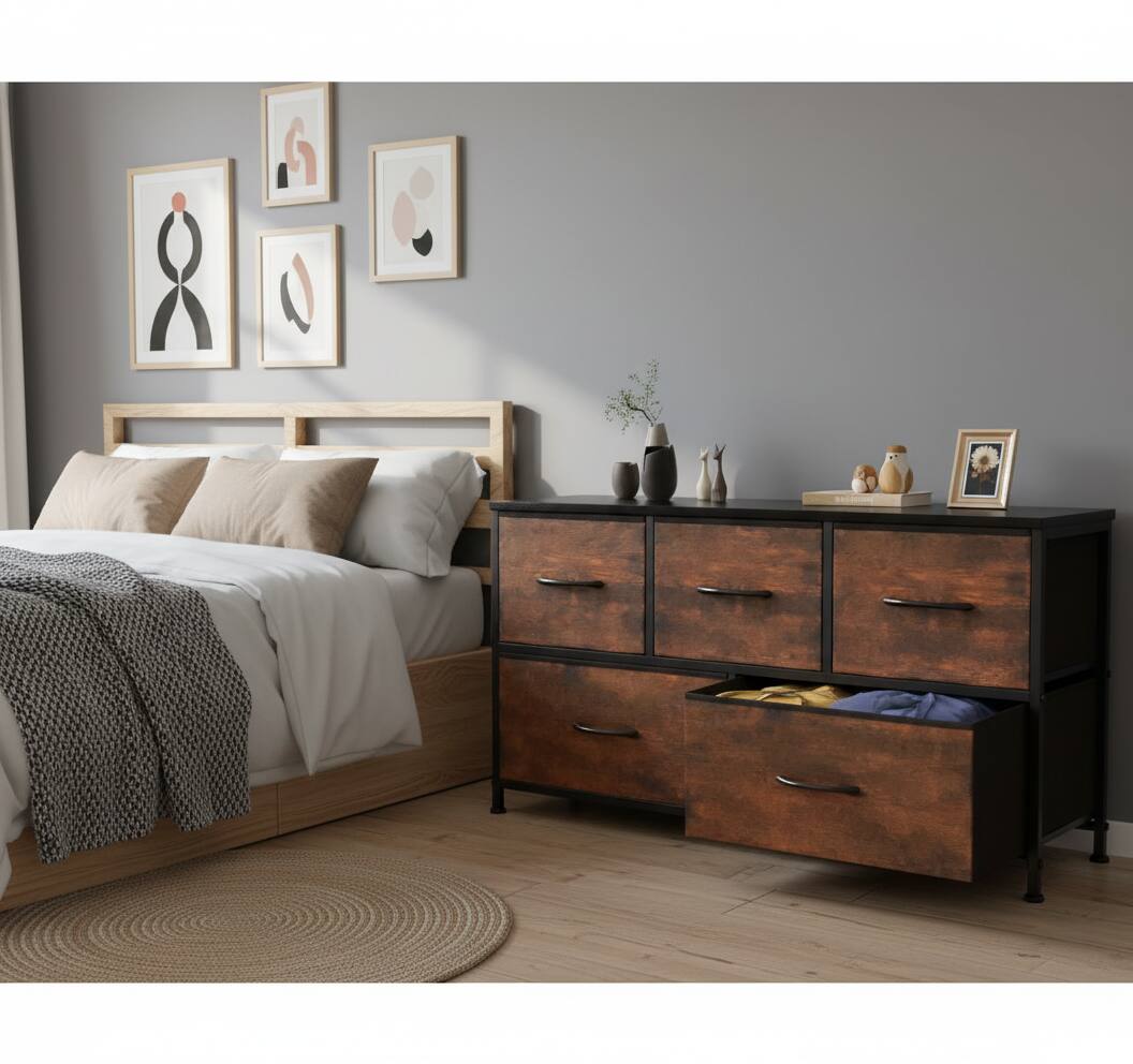Angle. AOITUN - 5-Drawer Wide Fabric Dresser for Bedroom - Tall Chest Drawer for Small Spaces - brown.