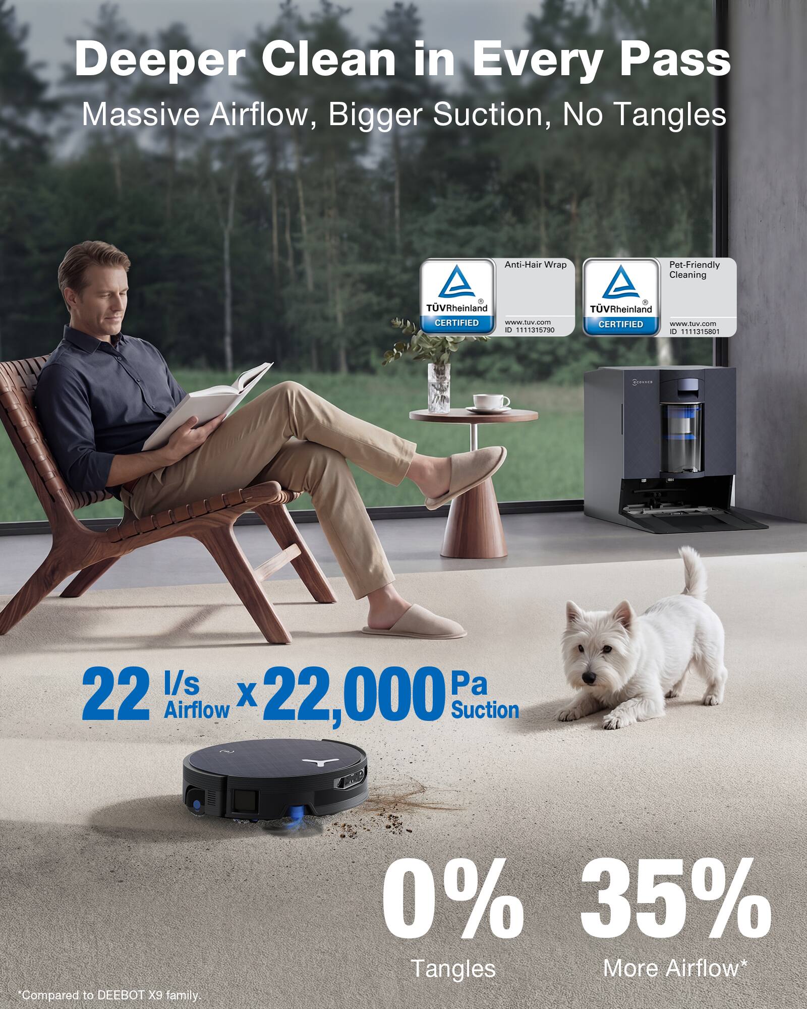 Deeper Clean in Every Pass  
Massive Airflow, Bigger Suction, No Tangles  

Anti-Hair Wrap  
Pet-Friendly Cleaning  

TÜV Rheinland CERTIFIED  
www.tuv.com  
ID 111131570  
ID 1111315801  

22 l/s Airflow x 22,000 Pa Suction  

0% Tangles  
35% More Airflow*  

Compared to DEEBOT X9 family.