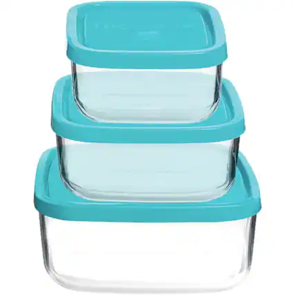 Front. Bormioli Rocco - Bormioli Rocco Frigoverre Square Glass Food Storage Containers Set, 3-Piece - Clear and Blue.