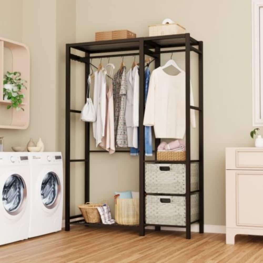 LUCKY ONE - Acacia Wood Garment Rack w/ 2 Wicker Drawers 4 Hooks Heavy Duty - Light Gray price history on PriceWatchPro