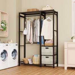 LUCKY ONE - Acacia Wood Garment Rack w/ 2 Wicker Drawers 4 Hooks Heavy Duty - Light Gray