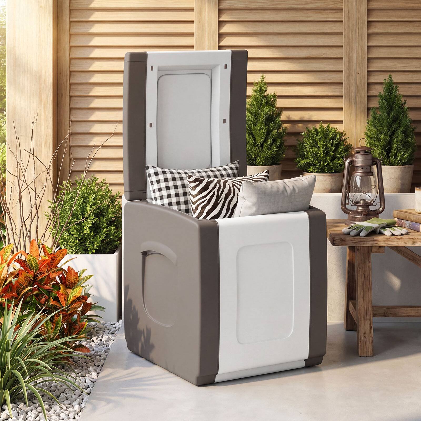 Alt View 1. Gymax - Gymax Deck Box Patio Container w/ Lockable Lid Weatherproof Plastic Storage Bin Brown & White - Brown.