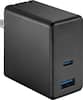 Front. Best Buy essentials™ - 65W Dual Port USB-C and USB Wall Charger for MacBook Pro, iPad, iPhone, Apple Watch, Smarthones & other USB-C Devices - Black.